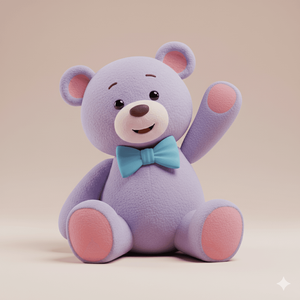 Teddy bear held up, right side of composition.